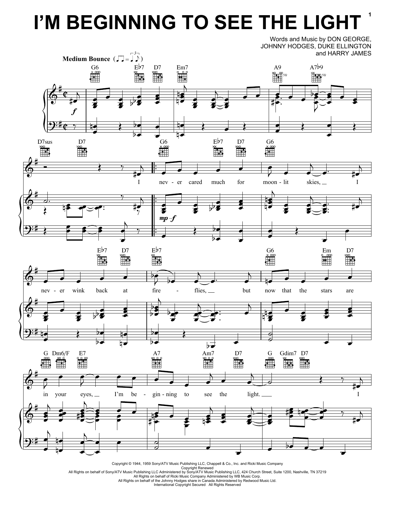 Download Duke Ellington I'm Beginning To See The Light sheet music notes and chords for Piano, Vocal & Guitar (Right-Hand Melody) - Download Printable PDF and start playing in minutes.