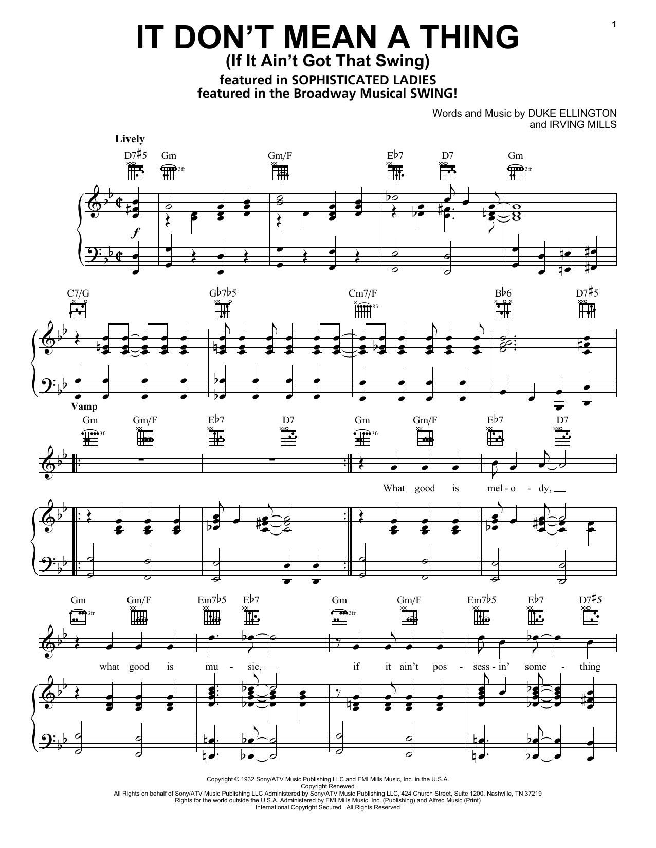 Download Duke Ellington It Don't Mean A Thing (If It Ain't Got That Swing) sheet music notes and chords for Piano, Vocal & Guitar (Right-Hand Melody) - Download Printable PDF and start playing in minutes.