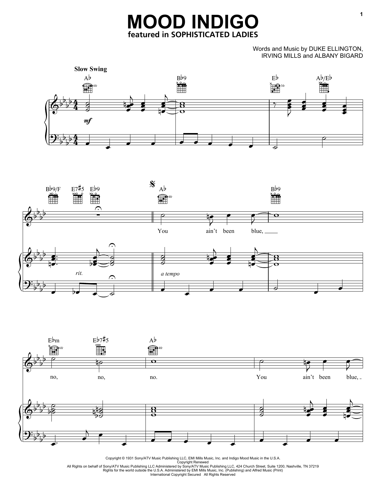 Download Duke Ellington Mood Indigo sheet music notes and chords for Piano, Vocal & Guitar (Right-Hand Melody) - Download Printable PDF and start playing in minutes.