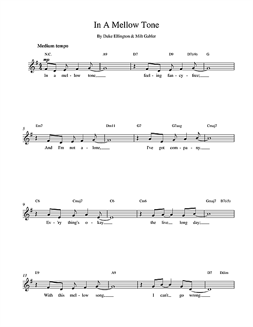 Learn to play Duke Ellington In A Mellow Tone sheet music for Piano, Vocal & Guitar (Right-Hand Melody) in minutes. Duke Ellington In A Mellow Tone sheet music preview music notes and score for Piano, Vocal & Guitar (Right-Hand Melody) including 3 page(s)