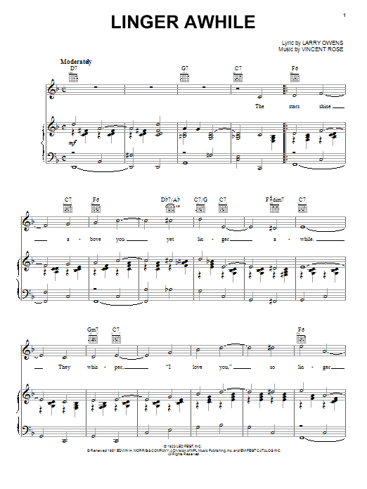 Learn to play Duke Ellington Linger Awhile sheet music for Piano, Vocal & Guitar (Right-Hand Melody) in minutes. Duke Ellington Linger Awhile sheet music preview music notes and score for Piano, Vocal & Guitar (Right-Hand Melody) including 2 page(s)