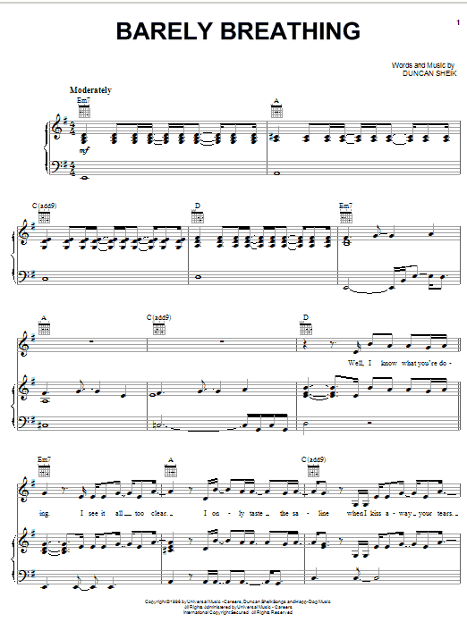 Learn to play Duncan Sheik Barely Breathing sheet music for Piano, Vocal & Guitar (Right-Hand Melody) in minutes. Duncan Sheik Barely Breathing sheet music notes and chords