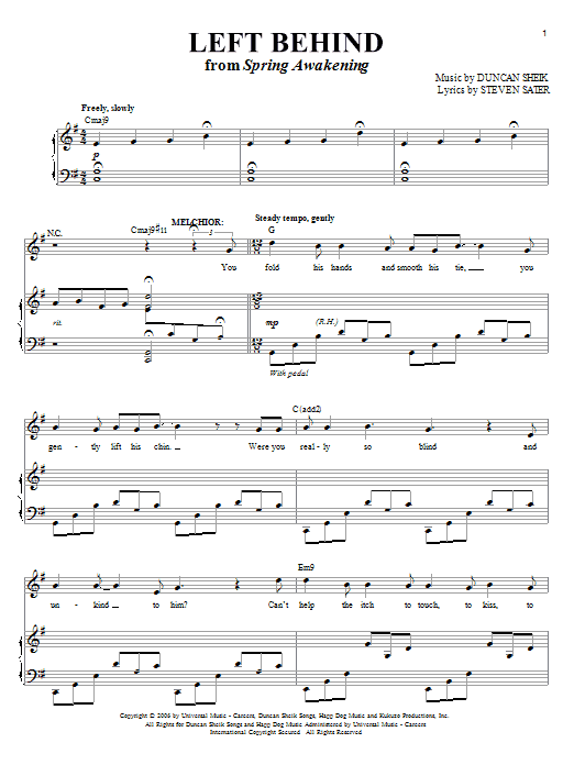 Learn to play Duncan Sheik Left Behind sheet music for Piano & Vocal in minutes. Duncan Sheik Left Behind sheet music preview music notes and score for Piano & Vocal including 9 page(s)