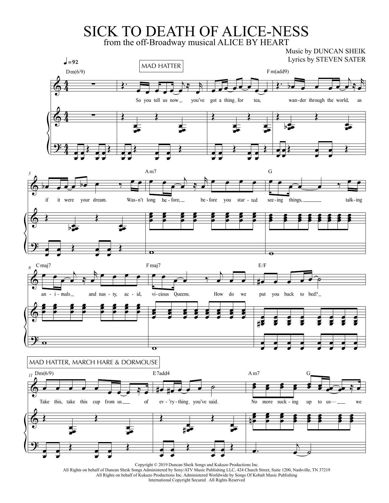 Learn to play Duncan Sheik and Steven Sater Sick To Death Of Alice-ness (from Alice By Heart) sheet music for Piano & Vocal in minutes. Duncan Sheik and Steven Sater Sick To Death Of Alice-ness (from Alice By Heart) sheet music preview music notes and score for Piano & Vocal including 5 page(s)