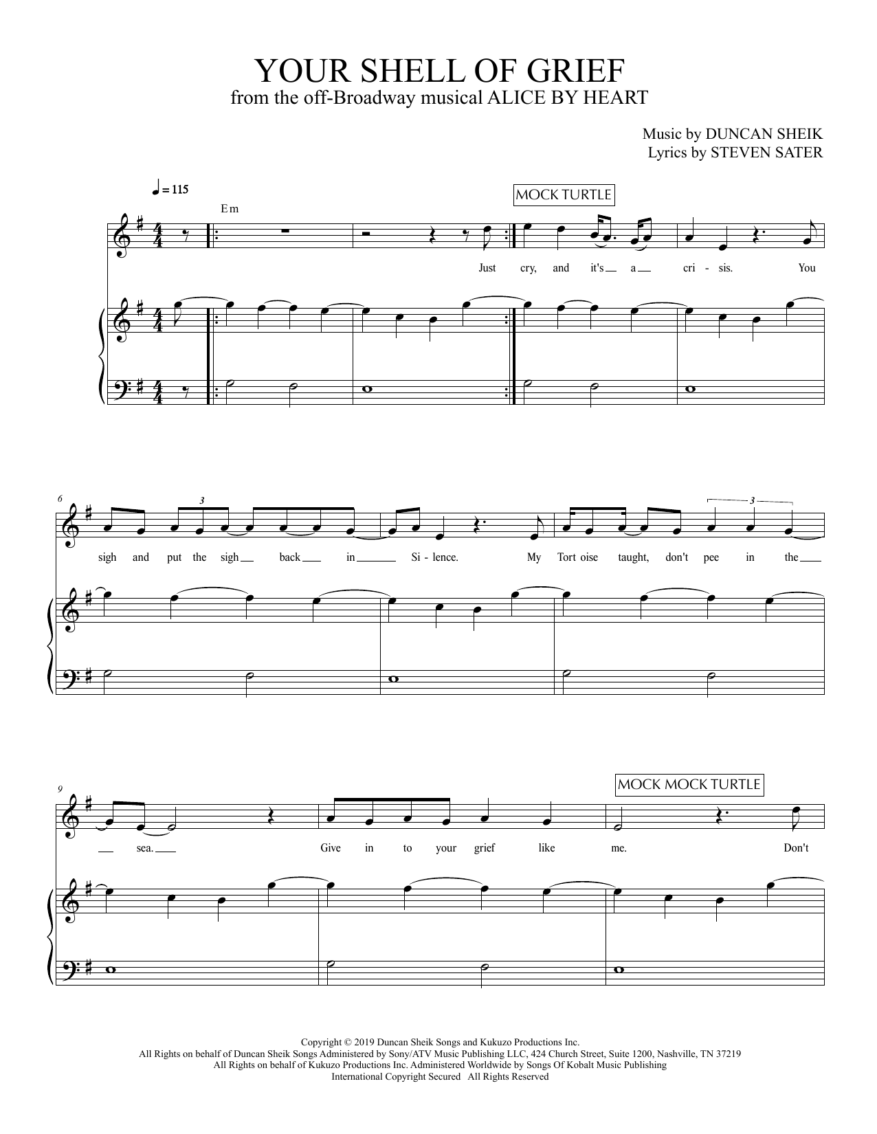 Learn to play Duncan Sheik and Steven Sater Your Shell Of Grief (from Alice By Heart) sheet music for Piano & Vocal in minutes. Duncan Sheik and Steven Sater Your Shell Of Grief (from Alice By Heart) sheet music preview music notes and score for Piano & Vocal including 6 page(s)