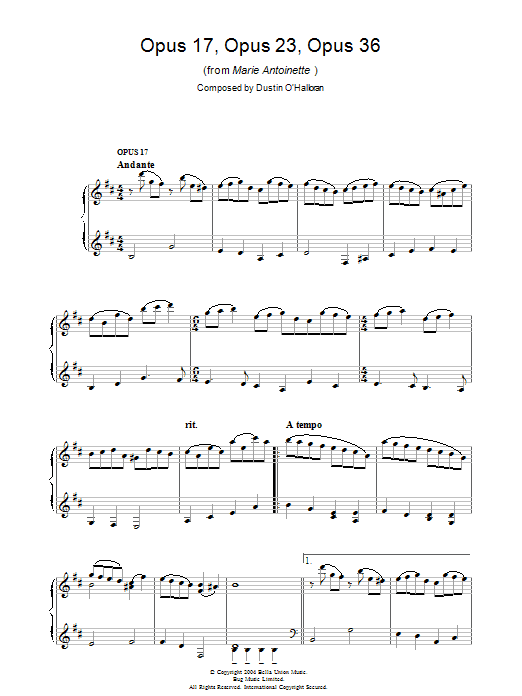 Dustin O'Halloran Opus 17, Opus 23, Opus 36 (from 'Marie Antoinette') sheet music, chords, lyrics - Printable PDF for Piano