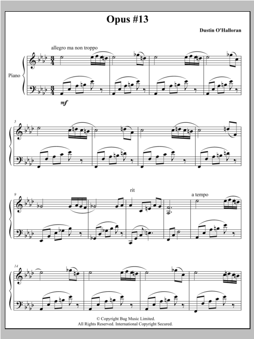 Dustin O'Halloran Opus 13 sheet music preview music notes and score for Piano including 4 page(s)