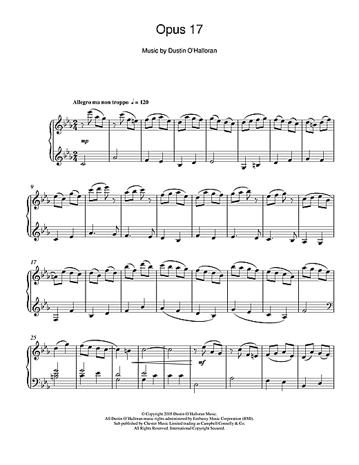 Learn to play Dustin O'Halloran Opus 17 sheet music for Piano in minutes. Dustin O'Halloran Opus 17 sheet music notes and chords