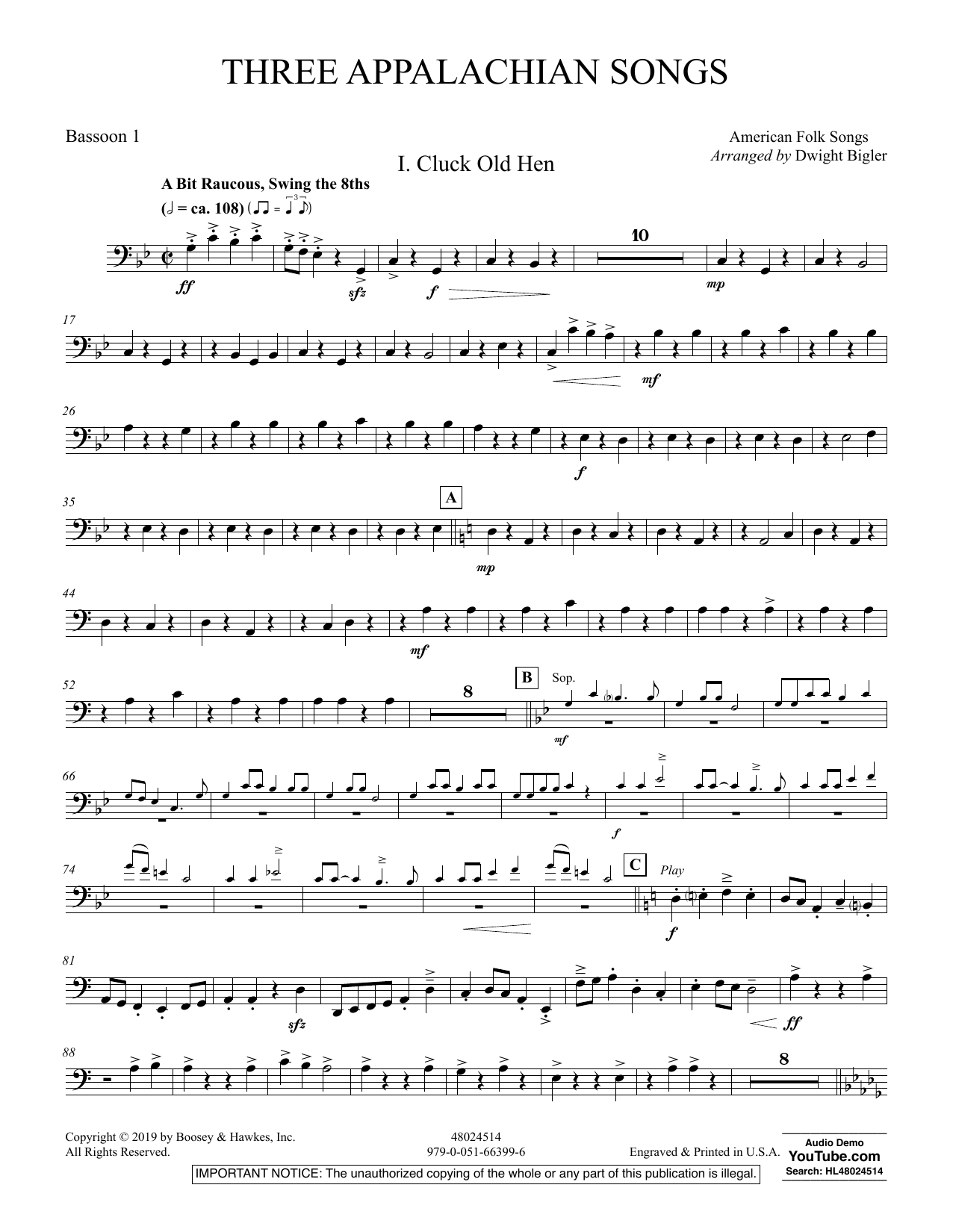 Dwight Bigler Three Appalachian Songs - Bassoon 1 sheet music preview music notes and score for Concert Band including 4 page(s)