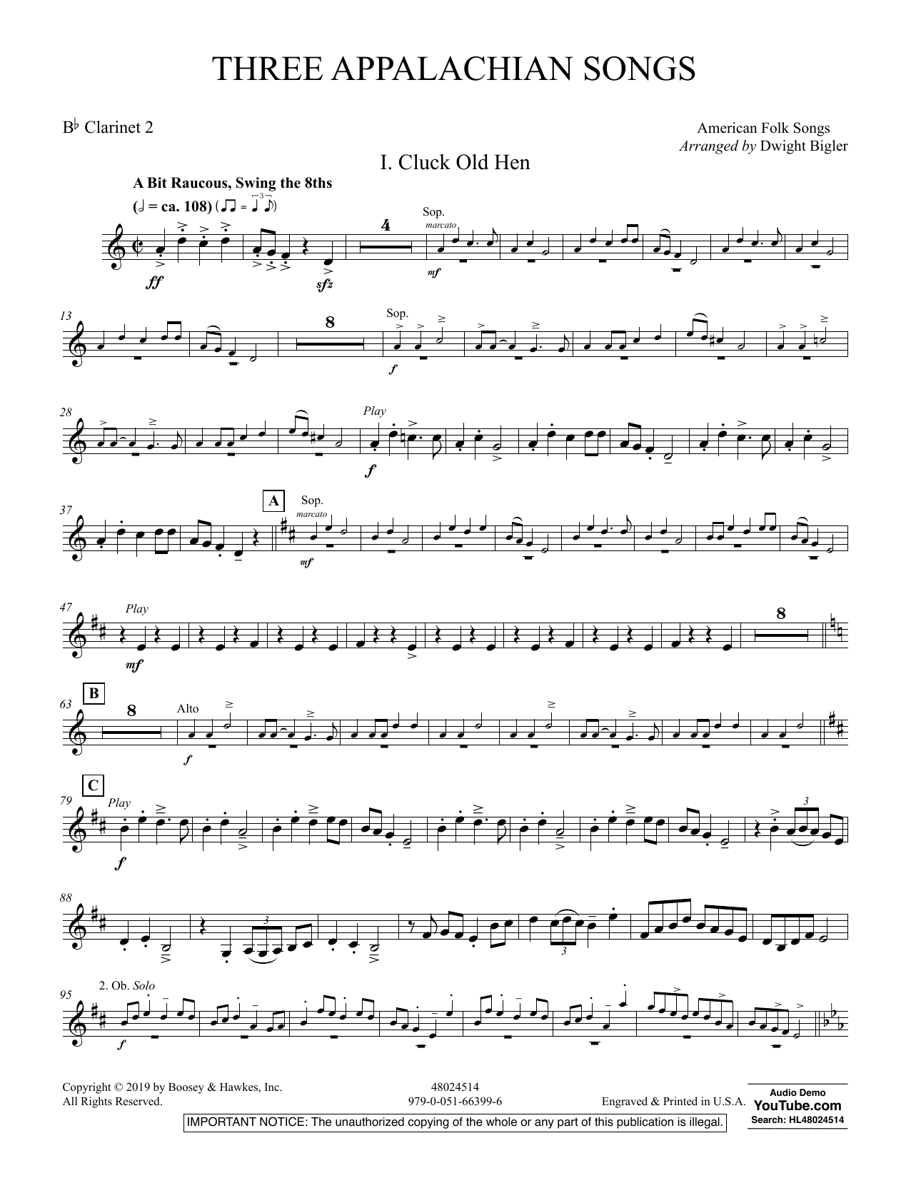 Dwight Bigler Three Appalachian Songs - Bb Clarinet 2 sheet music preview music notes and score for Concert Band including 4 page(s)