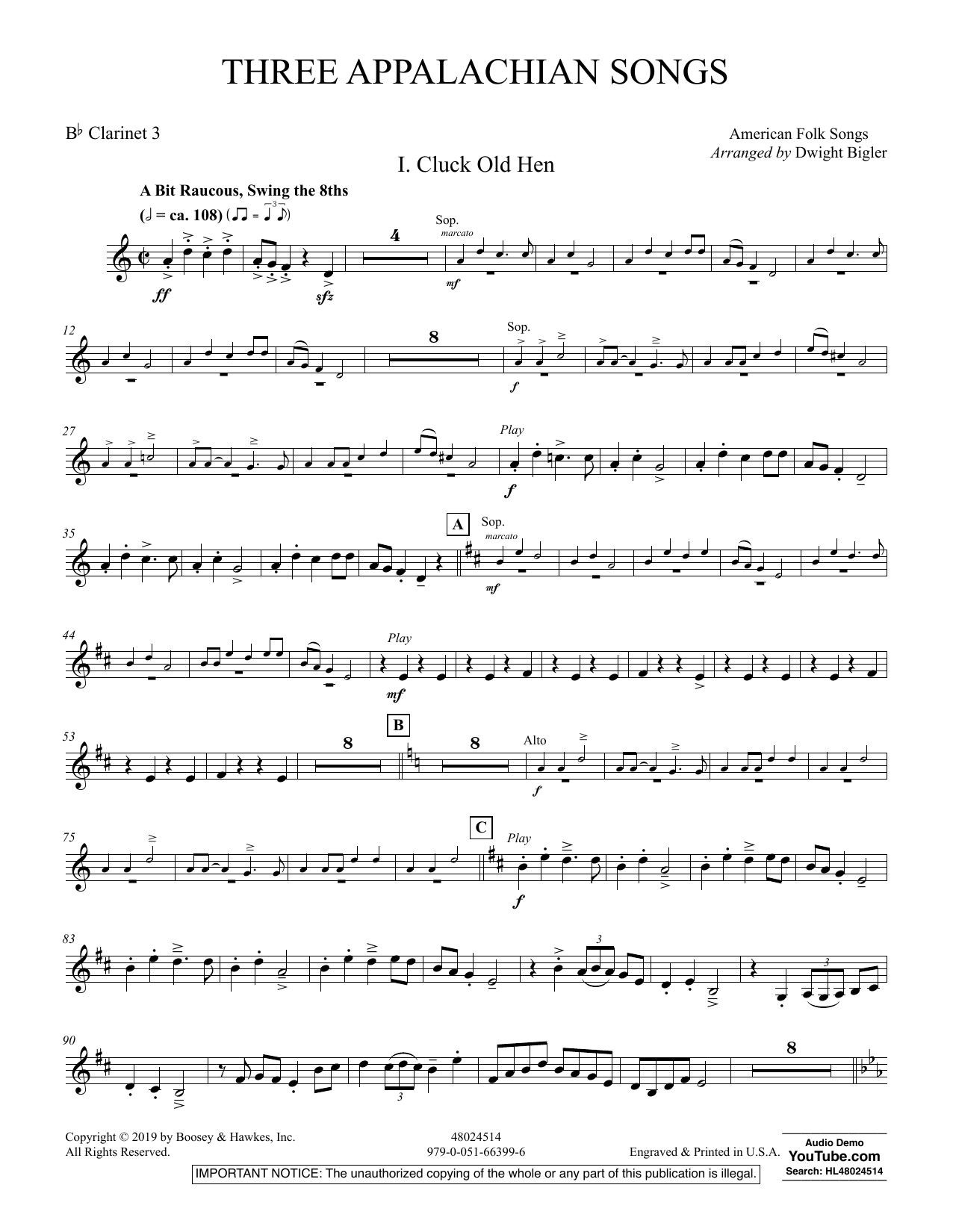 Dwight Bigler Three Appalachian Songs - Bb Clarinet 3 sheet music preview music notes and score for Concert Band including 4 page(s)