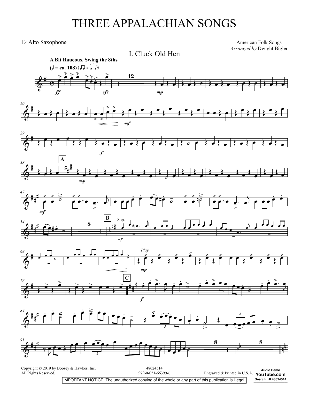 Dwight Bigler Three Appalachian Songs - Eb Alto Saxophone sheet music preview music notes and score for Concert Band including 4 page(s)
