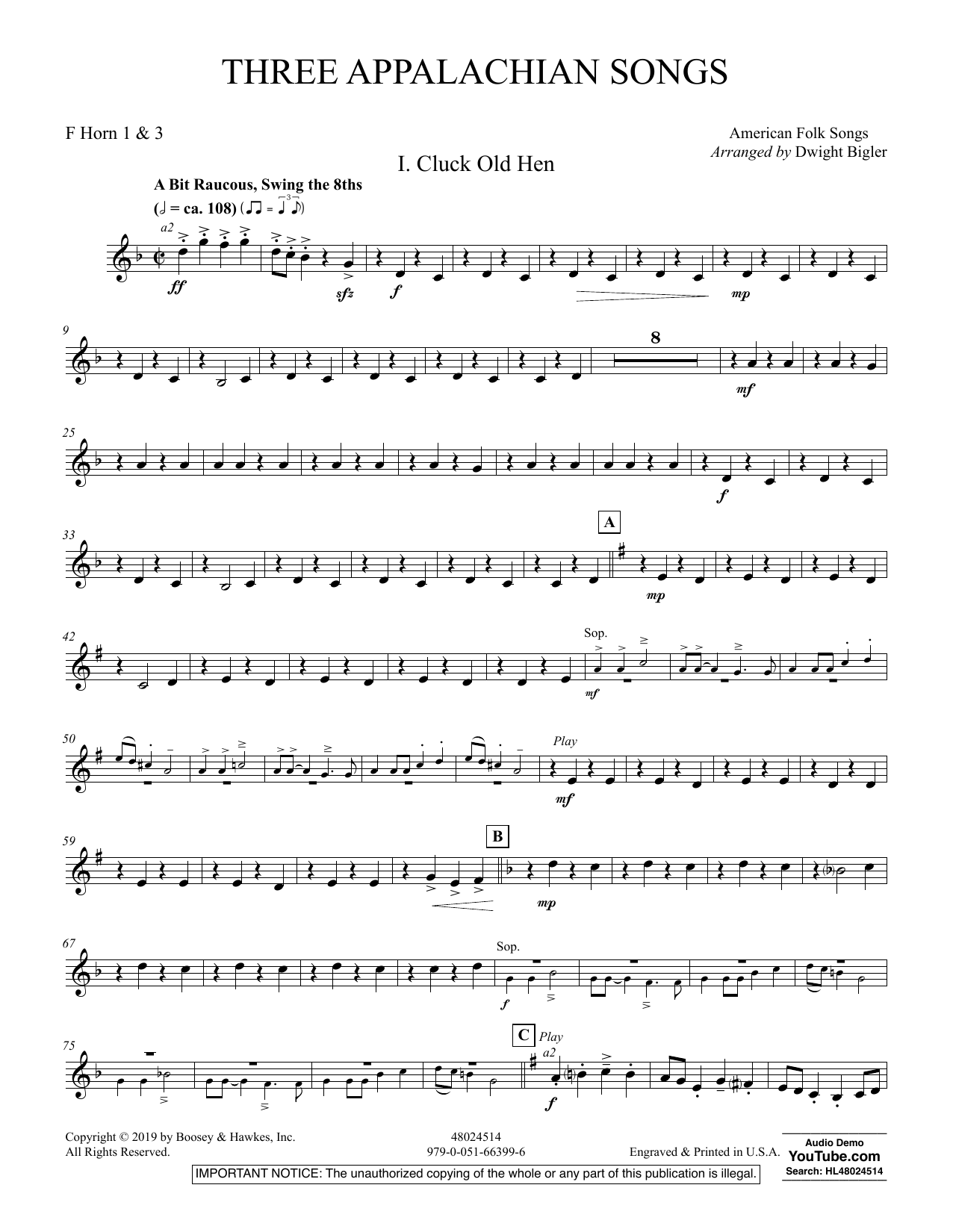 Learn to play Dwight Bigler Three Appalachian Songs - F Horn 1,3 sheet music for Concert Band in minutes. Dwight Bigler Three Appalachian Songs - F Horn 1,3 sheet music preview music notes and score for Concert Band including 4 page(s)