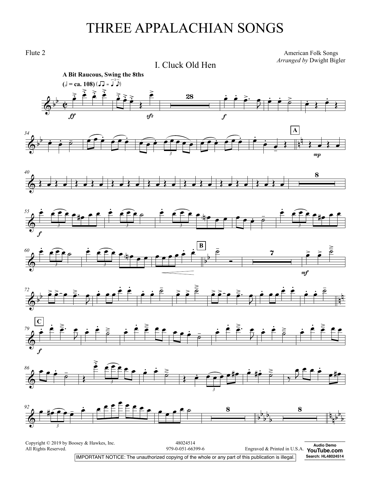 Dwight Bigler Three Appalachian Songs - Flute 2 sheet music preview music notes and score for Concert Band including 4 page(s)