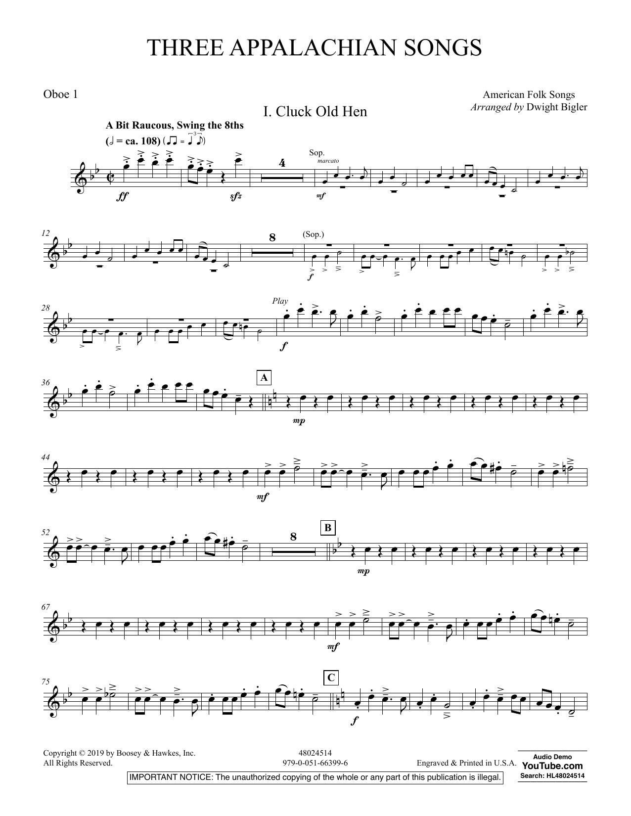 Learn to play Dwight Bigler Three Appalachian Songs - Oboe 1 sheet music for Concert Band in minutes. Dwight Bigler Three Appalachian Songs - Oboe 1 sheet music preview music notes and score for Concert Band including 4 page(s)