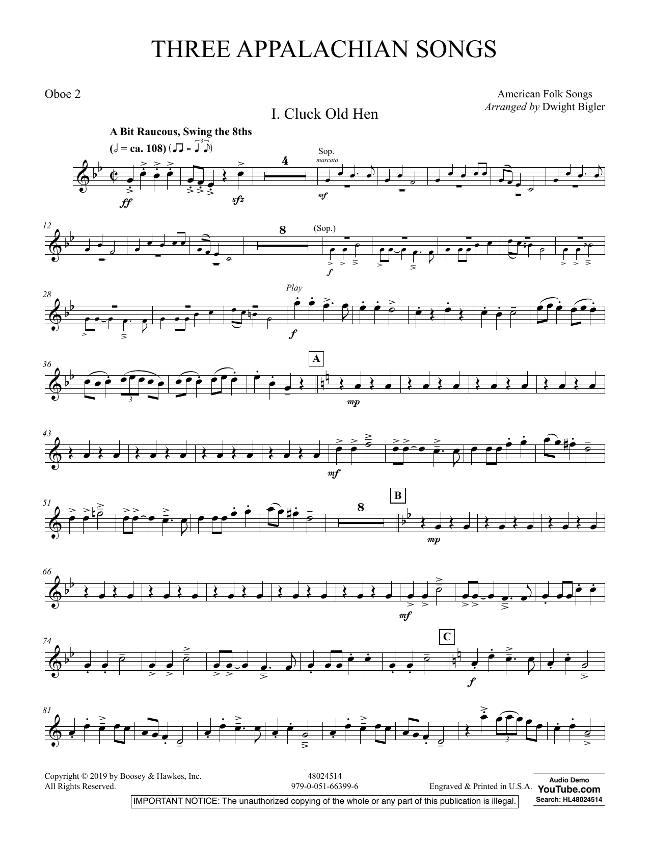 Dwight Bigler Three Appalachian Songs - Oboe 2 sheet music preview music notes and score for Concert Band including 4 page(s)