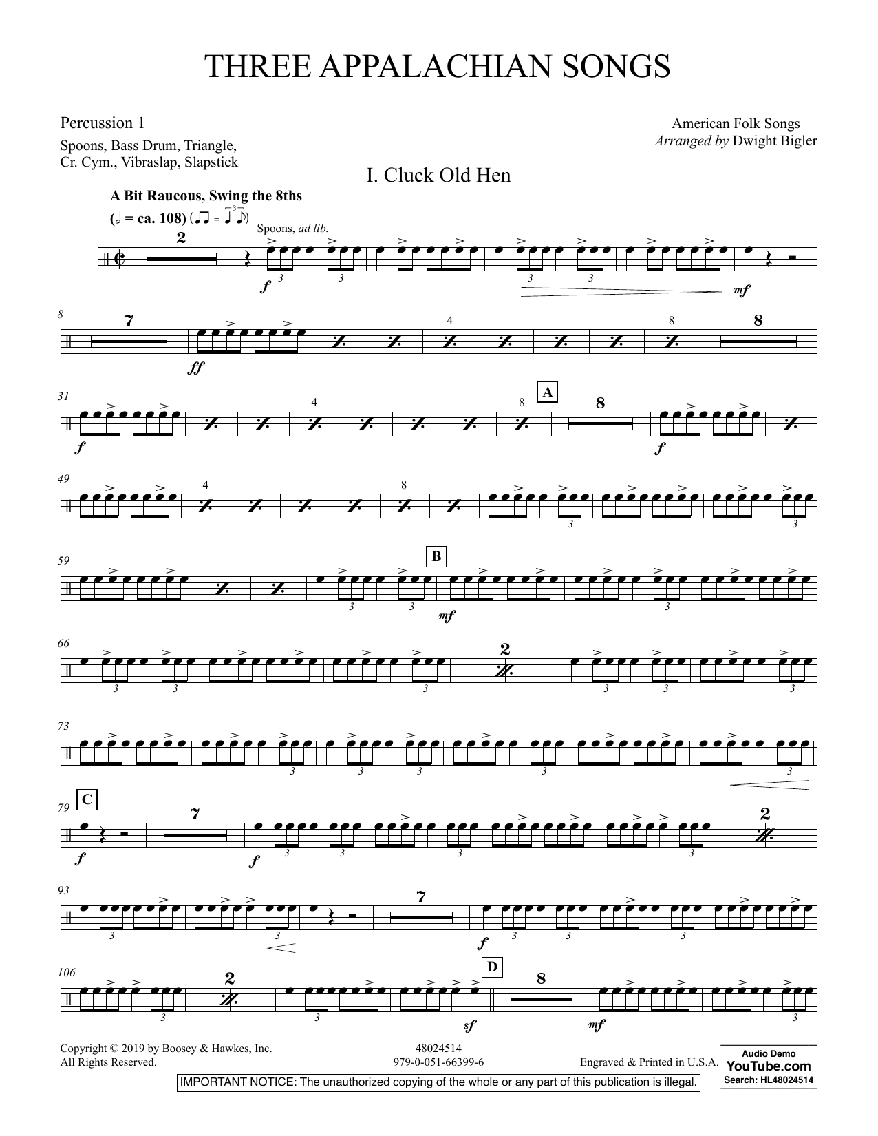 Dwight Bigler Three Appalachian Songs - Percussion 1 sheet music preview music notes and score for Concert Band including 2 page(s)