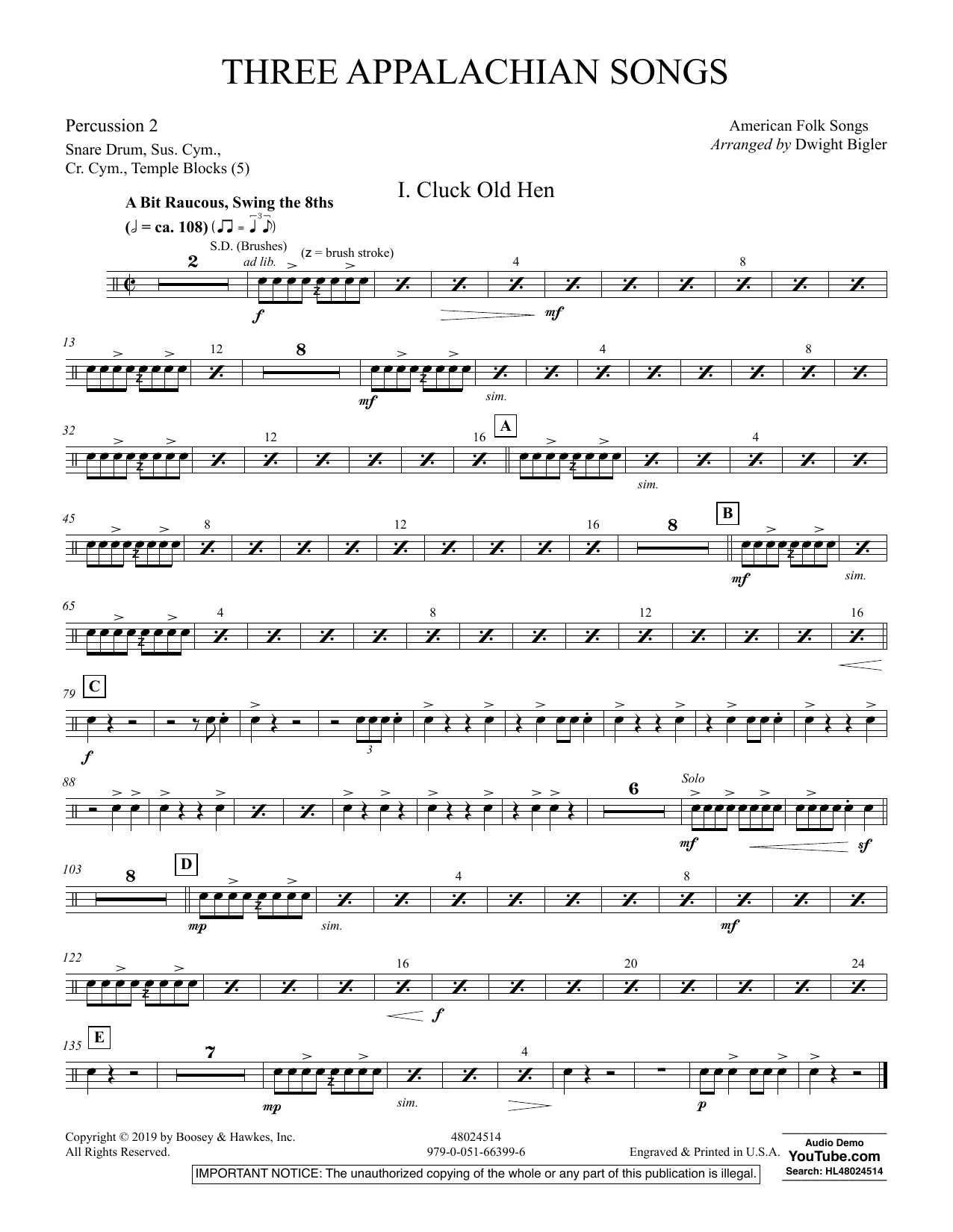 Dwight Bigler Three Appalachian Songs - Percussion 2 sheet music preview music notes and score for Concert Band including 2 page(s)