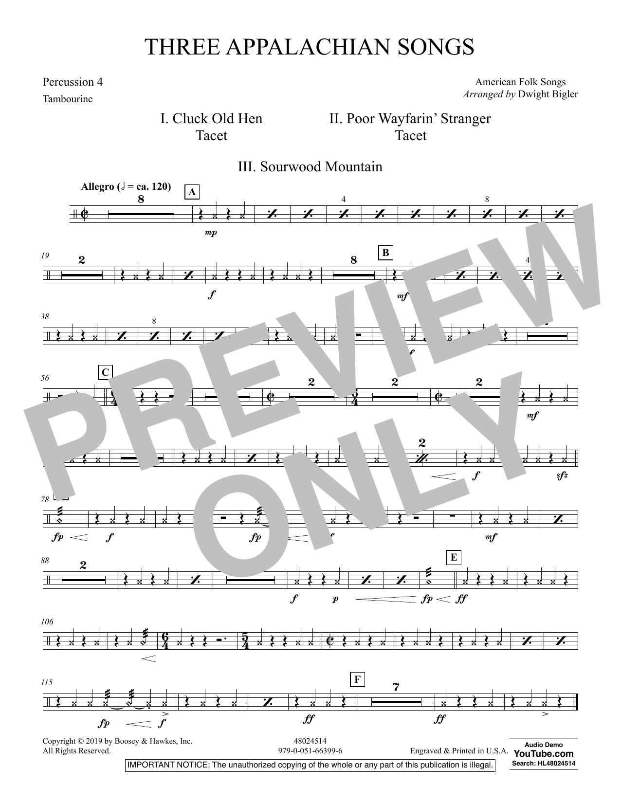 Dwight Bigler Three Appalachian Songs - Percussion 4 sheet music preview music notes and score for Concert Band including 1 page(s)