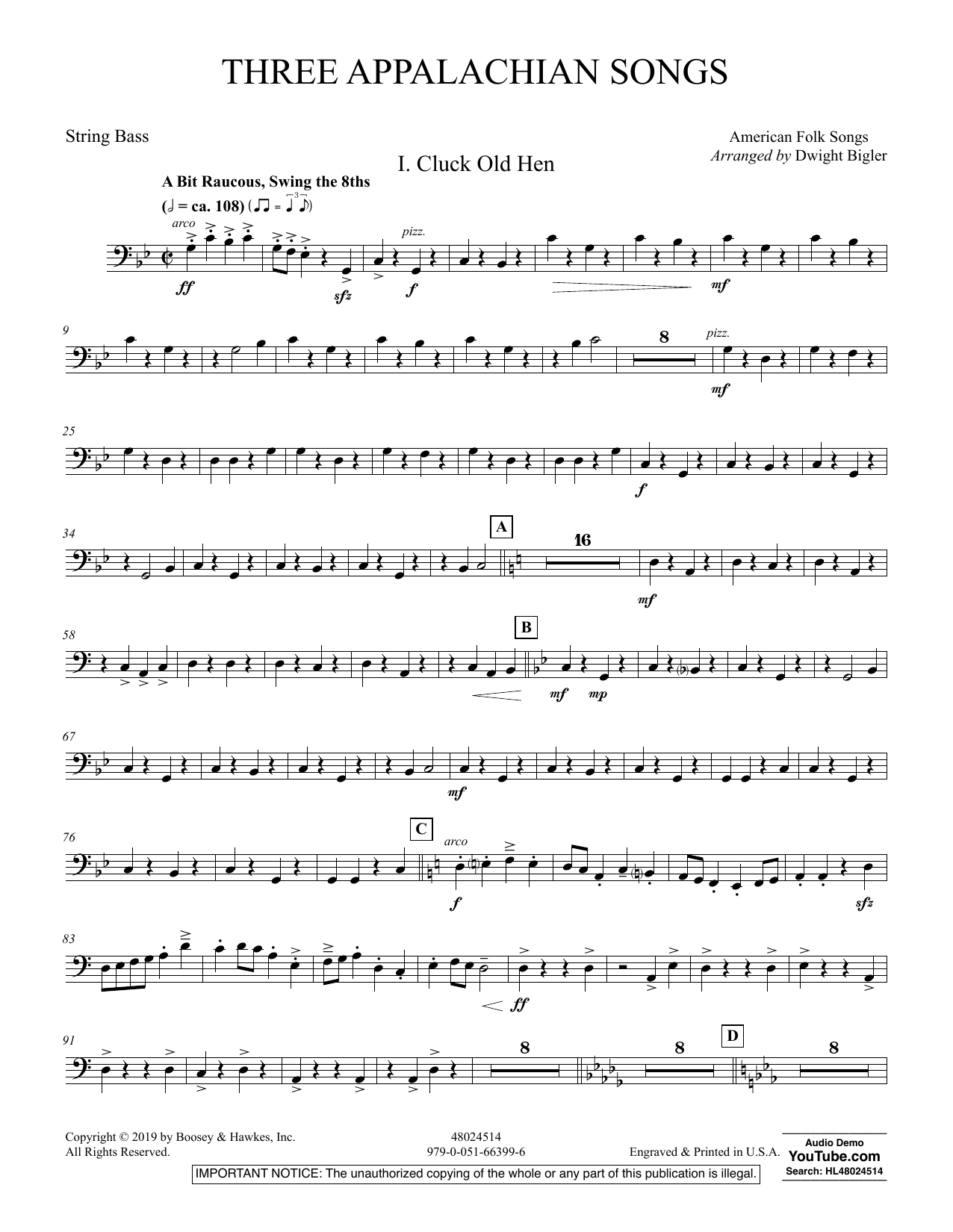 Dwight Bigler Three Appalachian Songs - String Bass sheet music preview music notes and score for Concert Band including 3 page(s)