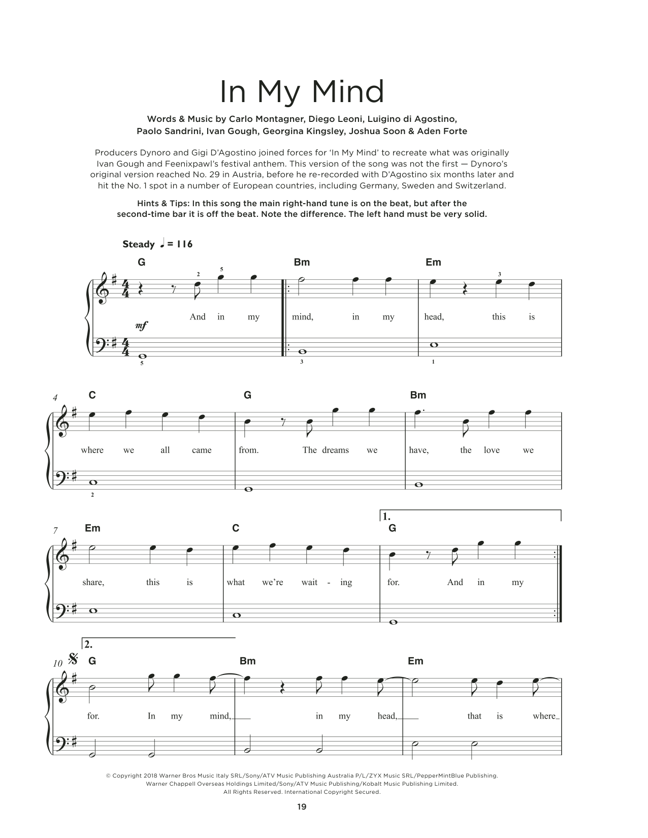 Dynoro & Gigi D'Agostino In My Mind sheet music, chords, lyrics - Printable PDF for Really Easy Piano