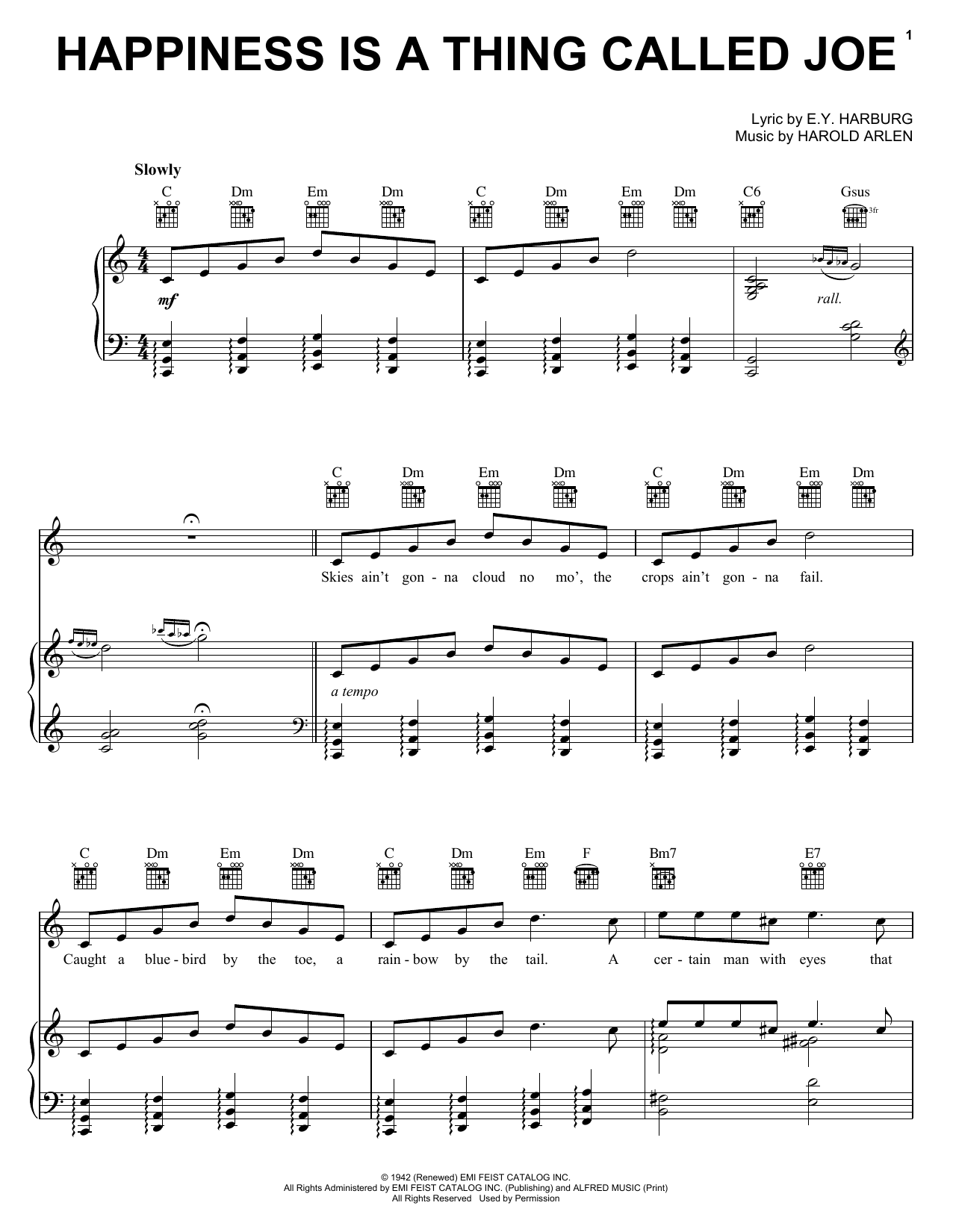 Learn to play E.Y. Harburg Happiness Is A Thing Called Joe sheet music for Piano, Vocal & Guitar (Right-Hand Melody) in minutes. E.Y. Harburg Happiness Is A Thing Called Joe sheet music preview music notes and score for Piano, Vocal & Guitar (Right-Hand Melody) including 5 page(s)