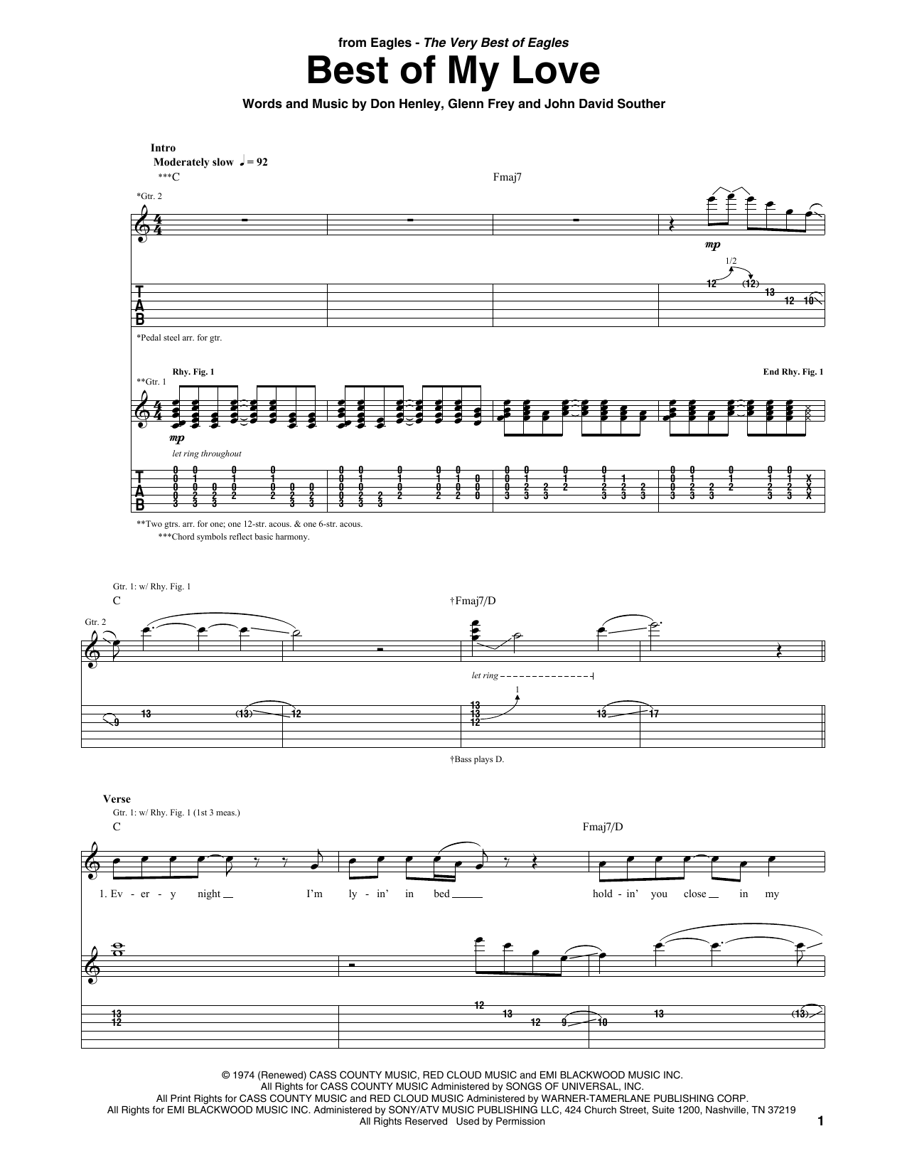 Eagles Best Of My Love sheet music preview music notes and score for Guitar Tab including 4 page(s)