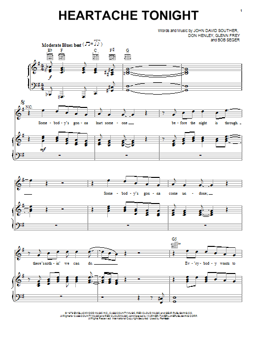Eagles Heartache Tonight sheet music preview music notes and score for Lyrics & Piano Chords including 4 page(s)