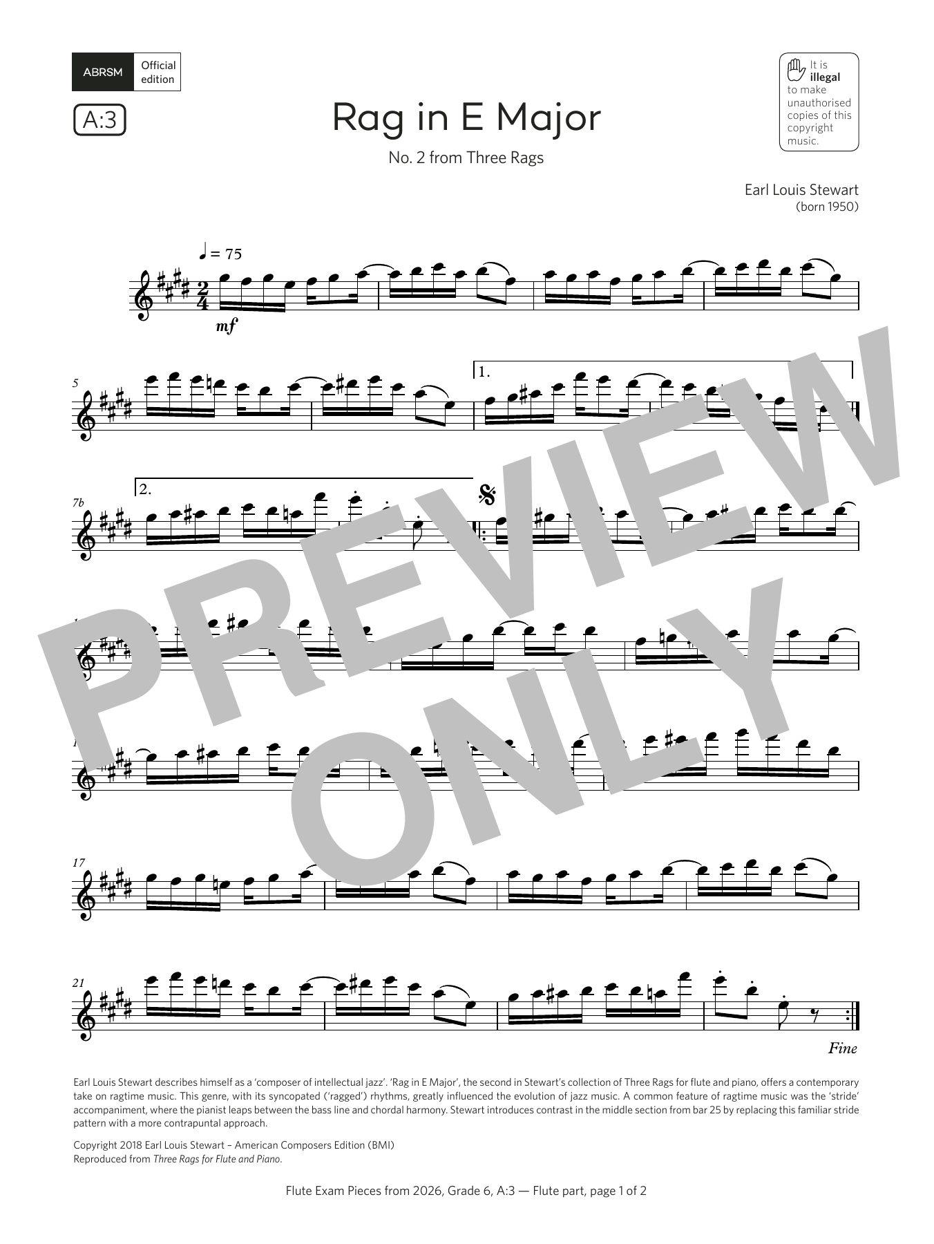 Earl Louis Stewart Rag in E Major (Grade 6, list A3, from the ABRSM Flute Syllabus from 2026) sheet music, chords, lyrics - Printable PDF for Flute Solo