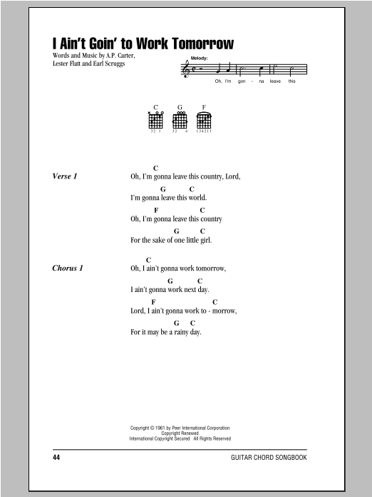 Earl Scruggs I Ain't Goin' To Work Tomorrow sheet music, chords, lyrics - Printable PDF for Banjo Tab