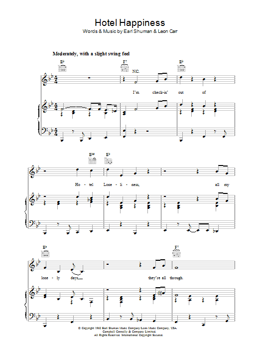 Earl Shuman Hotel Happiness sheet music preview music notes and score for Piano, Vocal & Guitar (Right-Hand Melody) including 7 page(s)