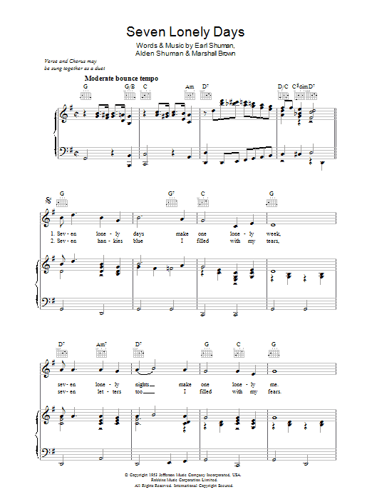 Earl Shuman Seven Lonely Days sheet music preview music notes and score for Piano, Vocal & Guitar (Right-Hand Melody) including 5 page(s)