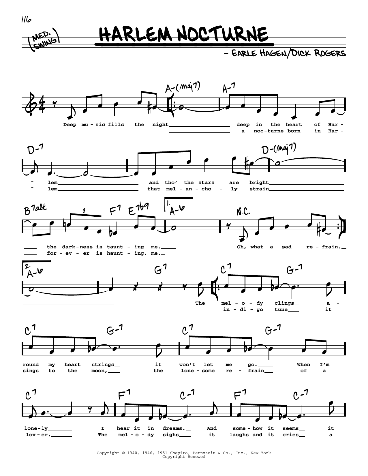 Learn to play Earle Hagen Harlem Nocturne (High Voice) sheet music for Real Book – Melody, Lyrics & Chords in minutes. Earle Hagen Harlem Nocturne (High Voice) sheet music preview music notes and score for Real Book – Melody, Lyrics & Chords including 2 page(s)