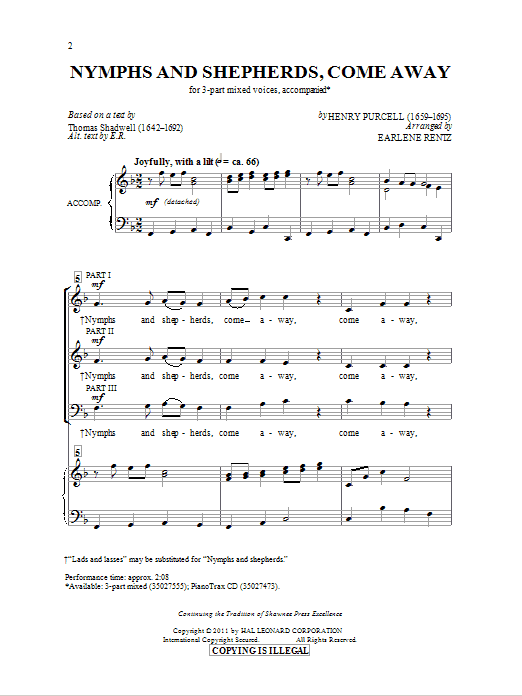 Henry Purcell Nymphs and Shepherds, Come Away (arr. Earlene Rentz) sheet music preview music notes and score for 3-Part Mixed including 11 page(s)