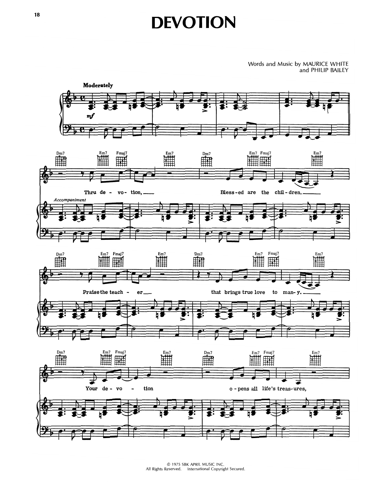 Earth, Wind & Fire Devotion sheet music, chords, lyrics - Printable PDF for Piano, Vocal & Guitar Chords (Right-Hand Melody)