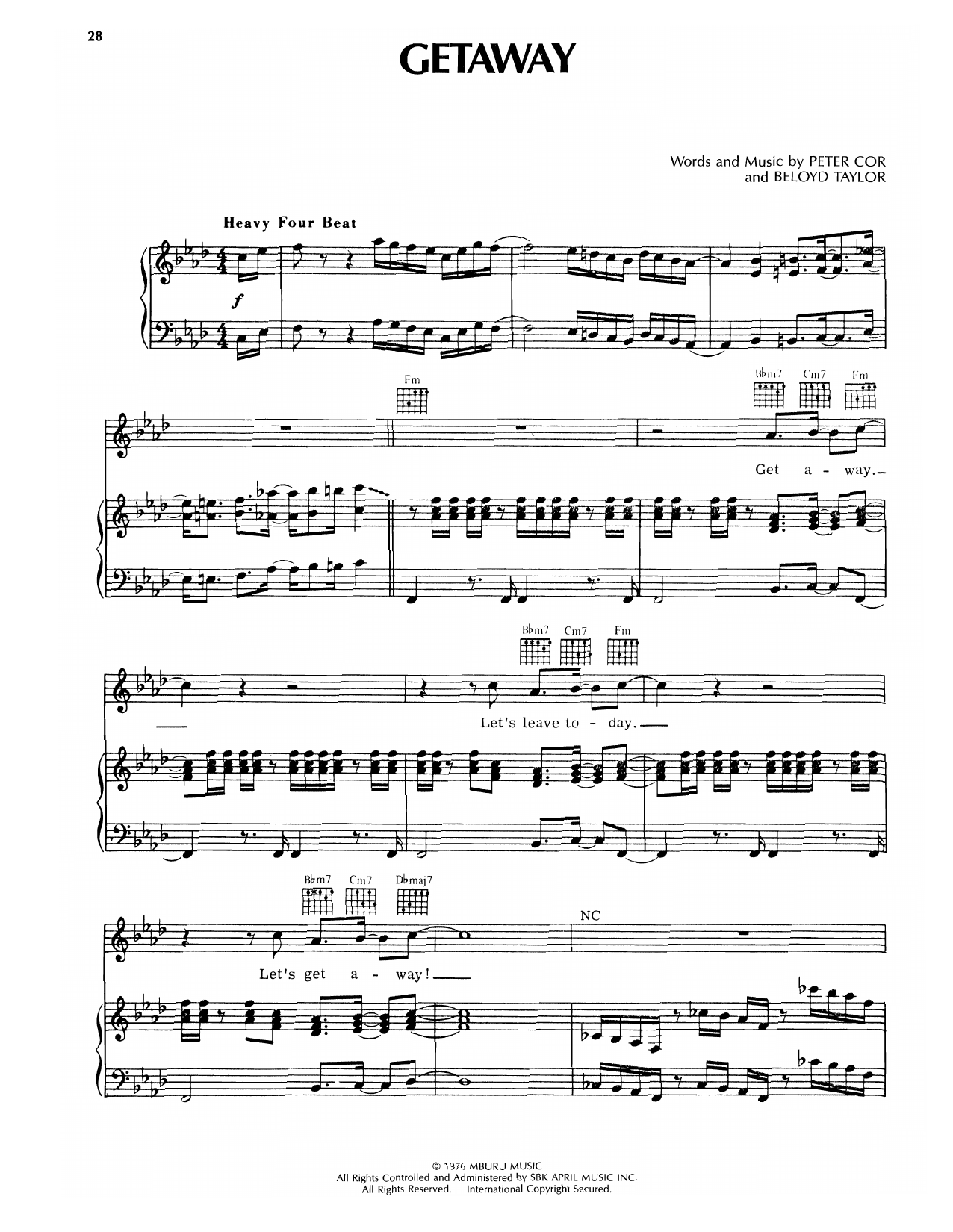 Earth, Wind & Fire Getaway sheet music, chords, lyrics - Printable PDF for Piano, Vocal & Guitar Chords (Right-Hand Melody)