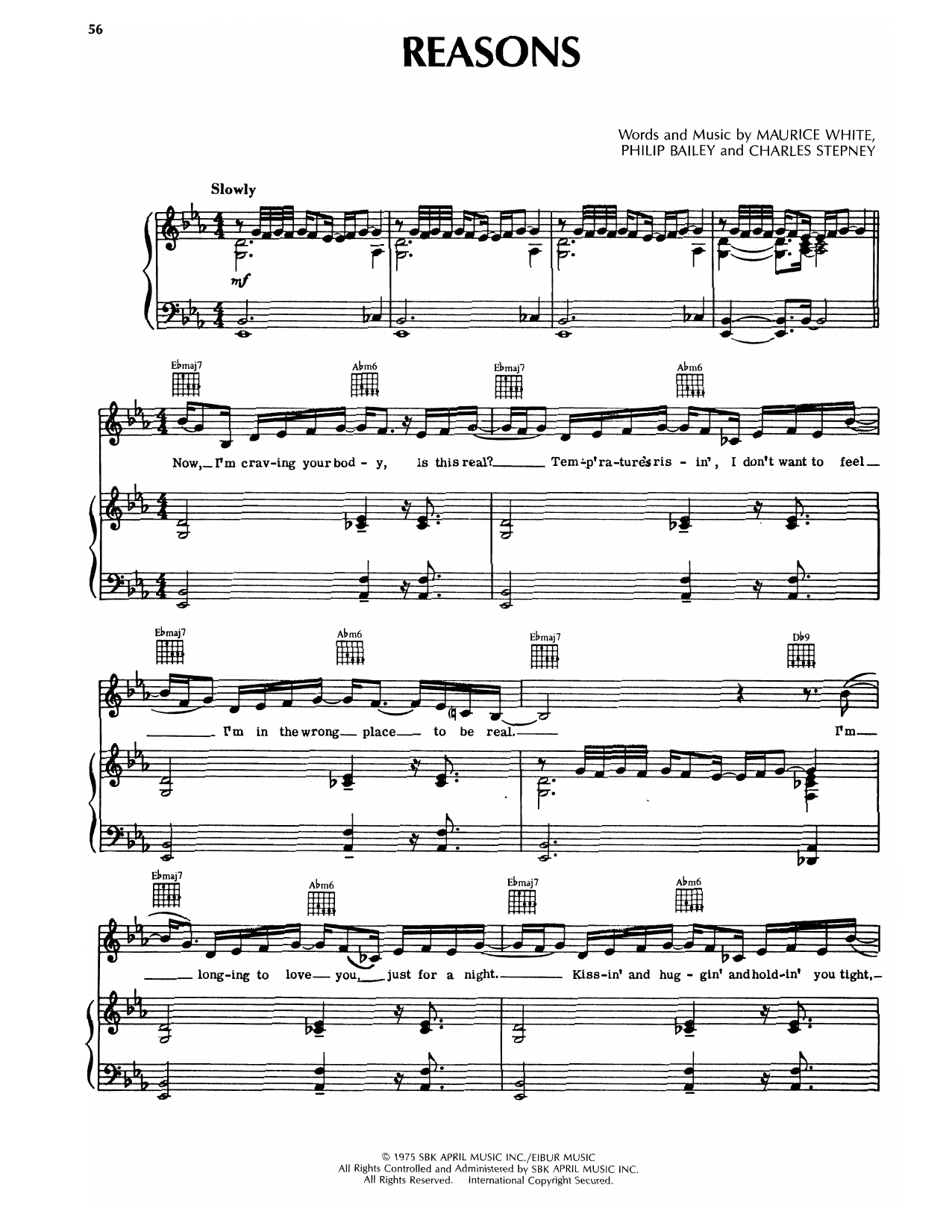 Earth, Wind & Fire Reasons sheet music, chords, lyrics - Printable PDF for Piano, Vocal & Guitar Chords (Right-Hand Melody)