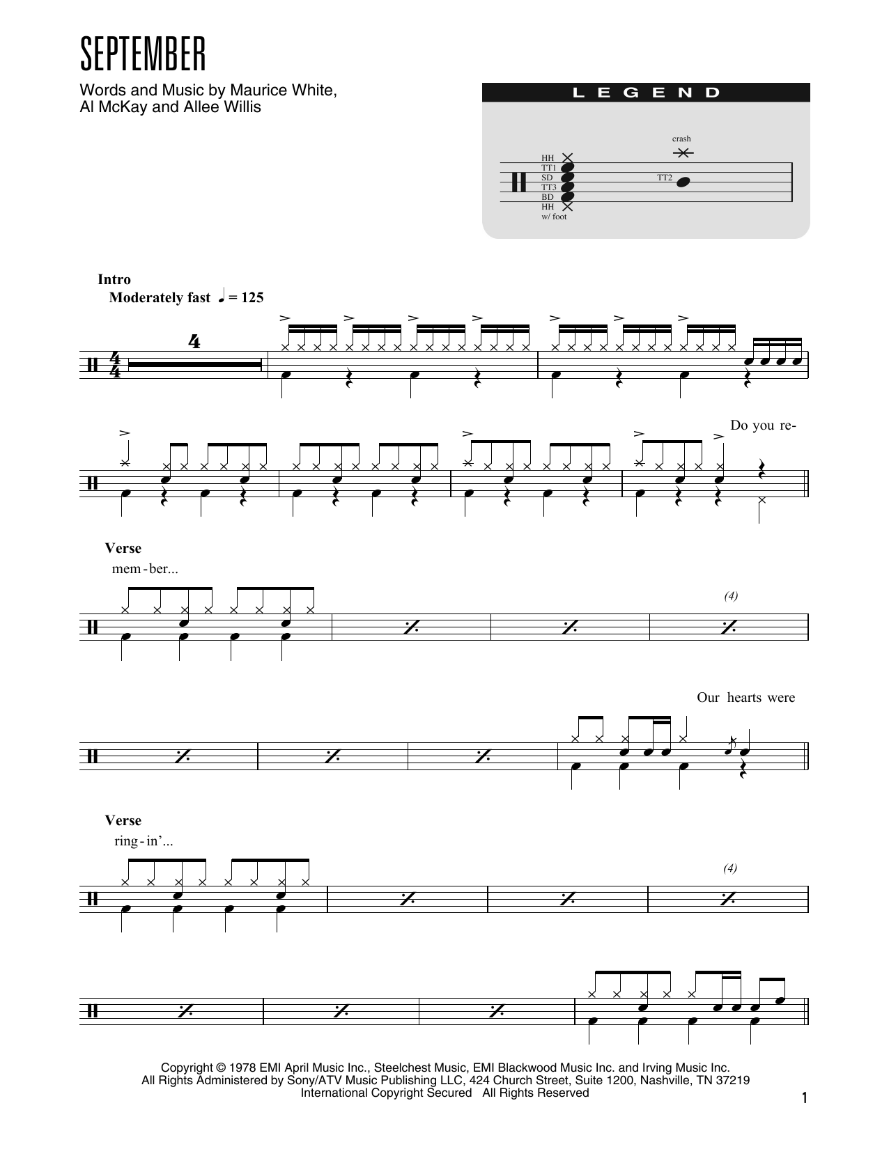 Earth, Wind & Fire September (arr. Kennan Wylie) sheet music, chords, lyrics - Printable PDF for Drums Transcription