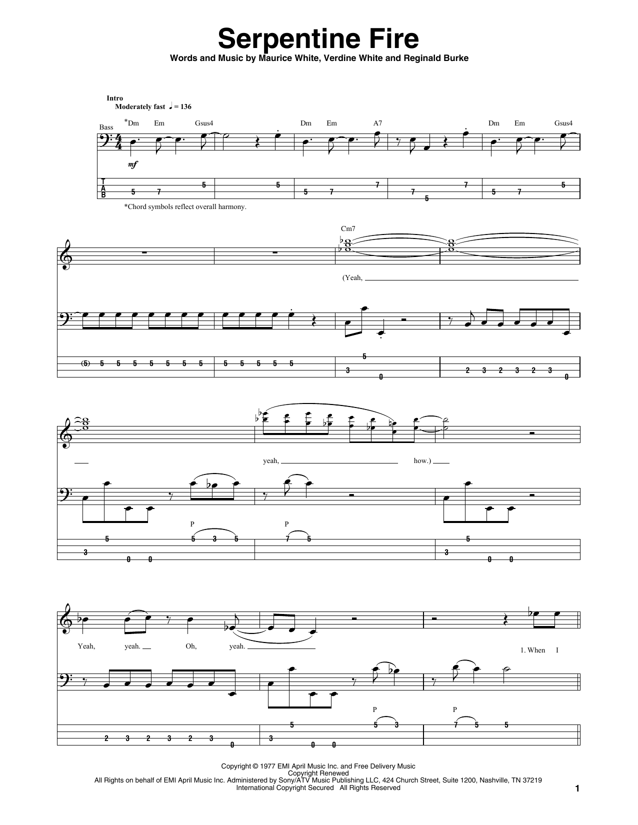Earth, Wind & Fire Serpentine Fire sheet music, chords, lyrics - Printable PDF for Bass Guitar Tab