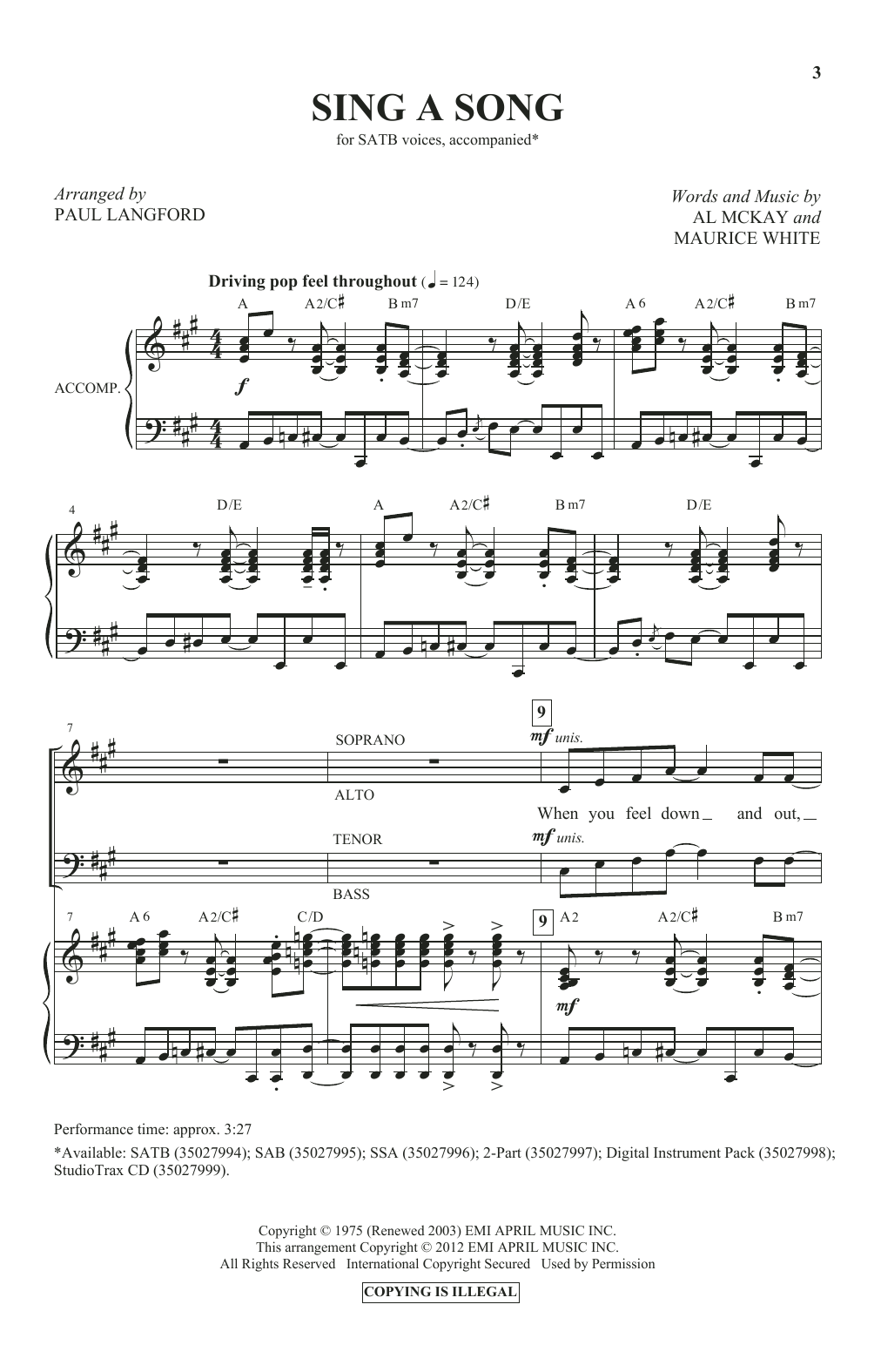 Earth, Wind & Fire Sing A Song (arr. Paul Langford) sheet music, chords, lyrics - Printable PDF for SATB Choir