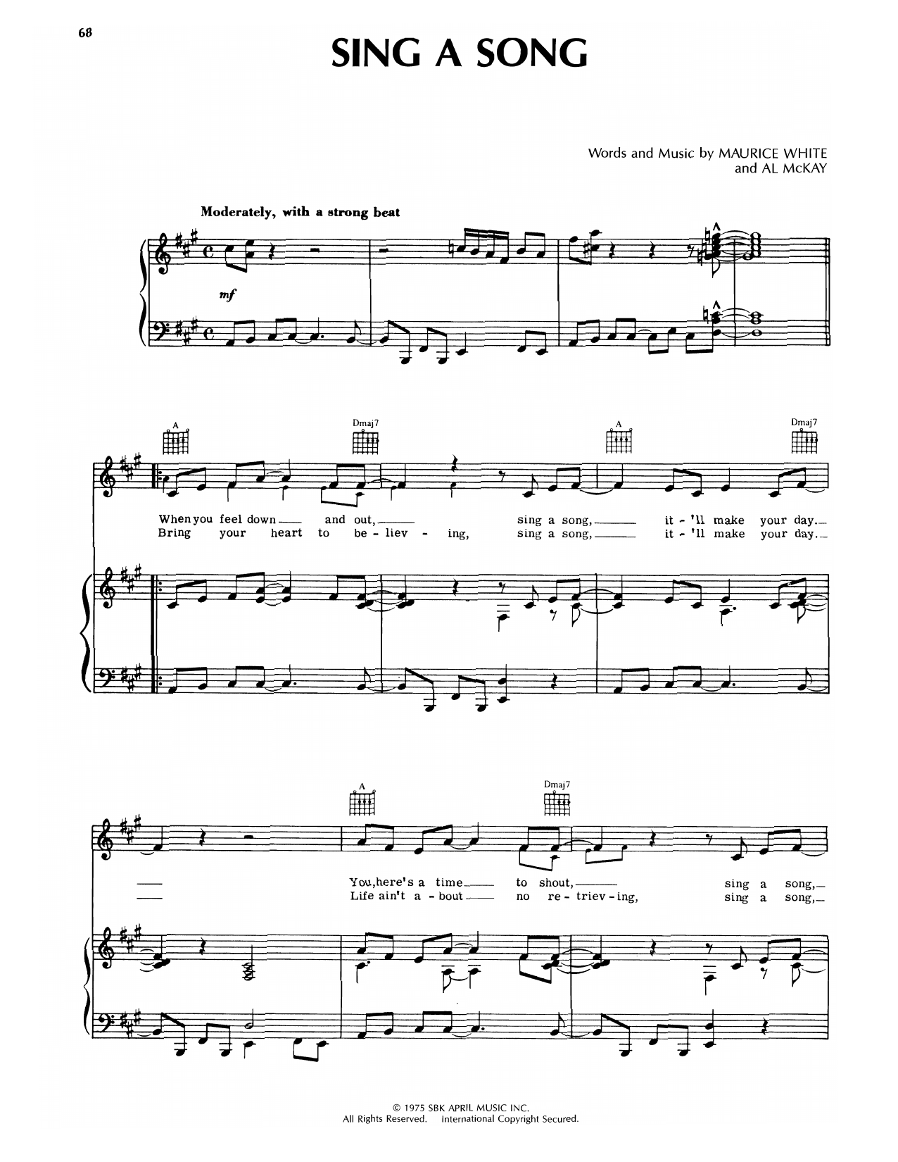 Earth, Wind & Fire Sing A Song sheet music, chords, lyrics - Printable PDF for Piano, Vocal & Guitar Chords (Right-Hand Melody)
