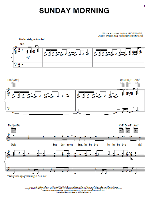 Earth, Wind & Fire Sunday Morning sheet music, chords, lyrics - Printable PDF for Piano, Vocal & Guitar (Right-Hand Melody)
