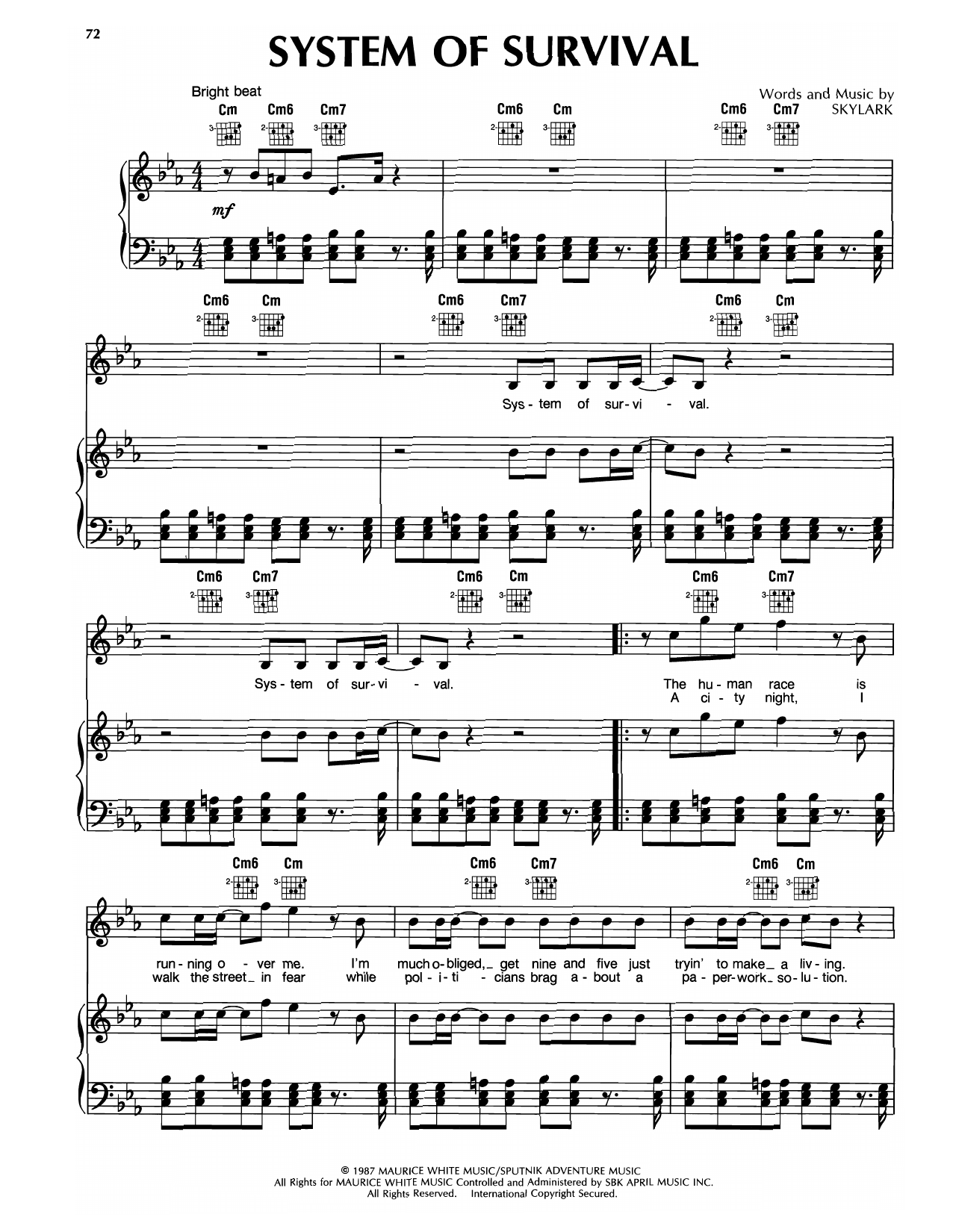 Earth, Wind & Fire System Of Survival sheet music, chords, lyrics - Printable PDF for Piano, Vocal & Guitar Chords (Right-Hand Melody)