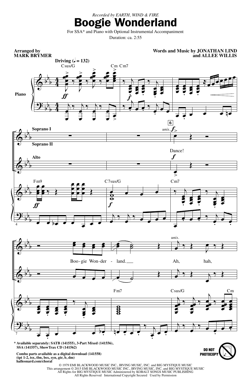 Learn to play Earth, Wind & Fire Boogie Wonderland (arr. Mark Brymer) sheet music for SSA in minutes. Earth, Wind & Fire Boogie Wonderland (arr. Mark Brymer) sheet music preview music notes and score for SSA including 11 page(s)