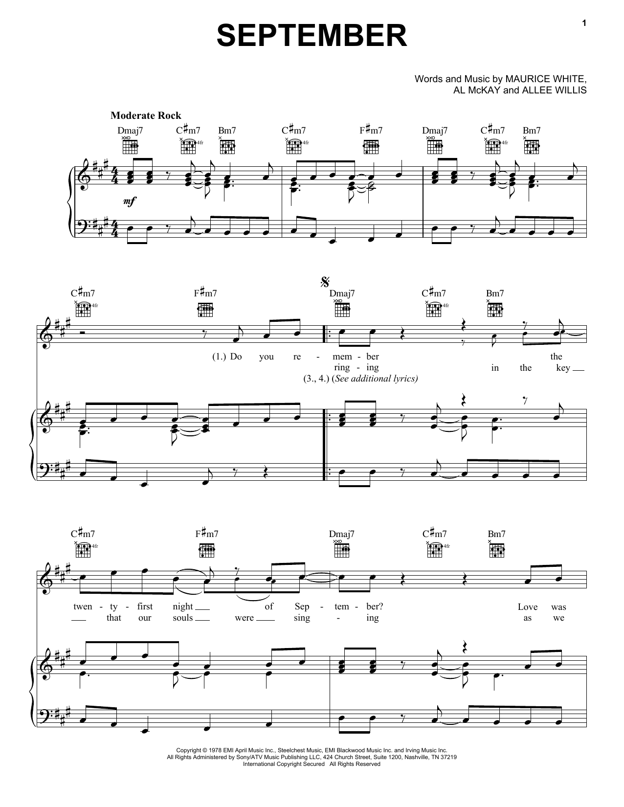 Learn to play Earth, Wind & Fire September sheet music for Piano, Vocal & Guitar (Right-Hand Melody) in minutes. Earth, Wind & Fire September sheet music preview music notes and score for Piano, Vocal & Guitar (Right-Hand Melody) including 4 page(s)