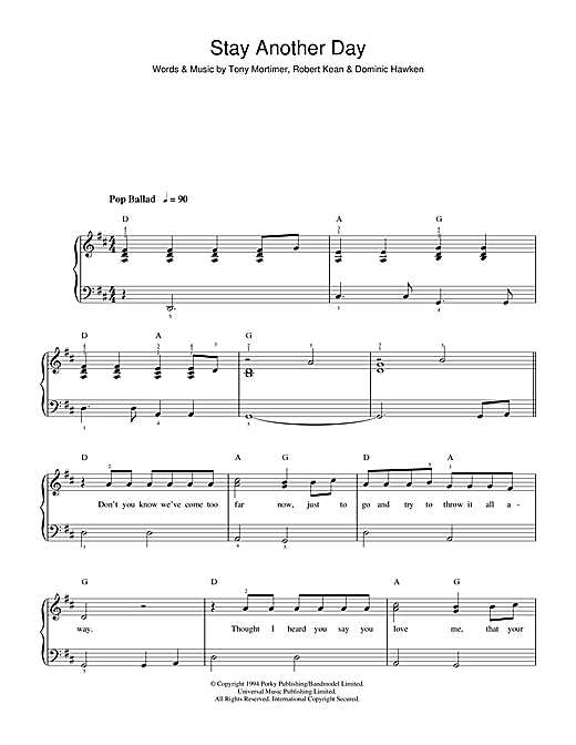 Learn to play East 17 Stay Another Day sheet music for Beginner Piano in minutes. East 17 Stay Another Day sheet music notes and chords