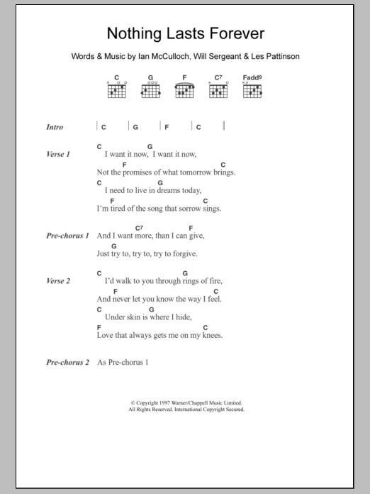Echo & The Bunnymen Nothing Lasts Forever sheet music, chords, lyrics - Printable PDF for Lyrics & Chords