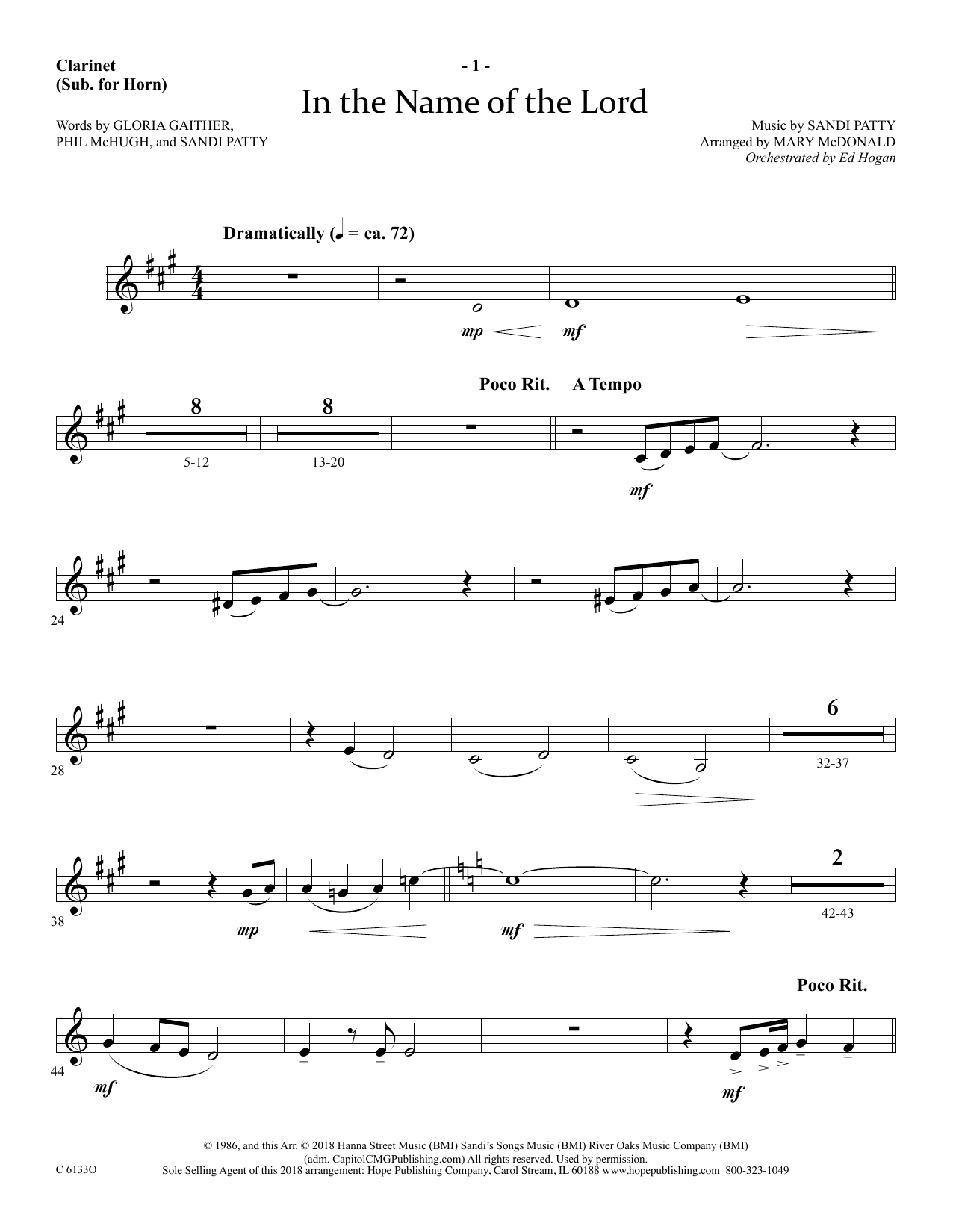Ed Hogan In The Name Of The Lord - Clarinet (sub. Horn) sheet music, chords, lyrics - Printable PDF for Choir Instrumental Pak
