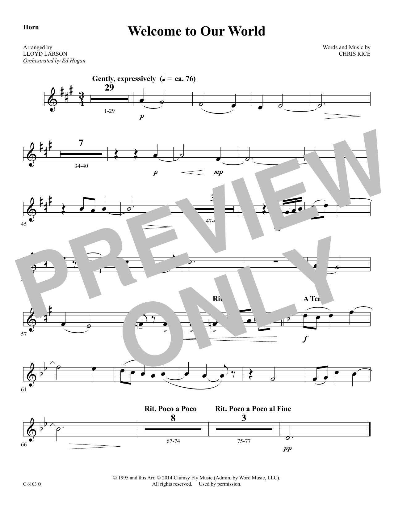 Ed Hogan Welcome to Our World - F Horn sheet music, chords, lyrics - Printable PDF for Choir Instrumental Pak