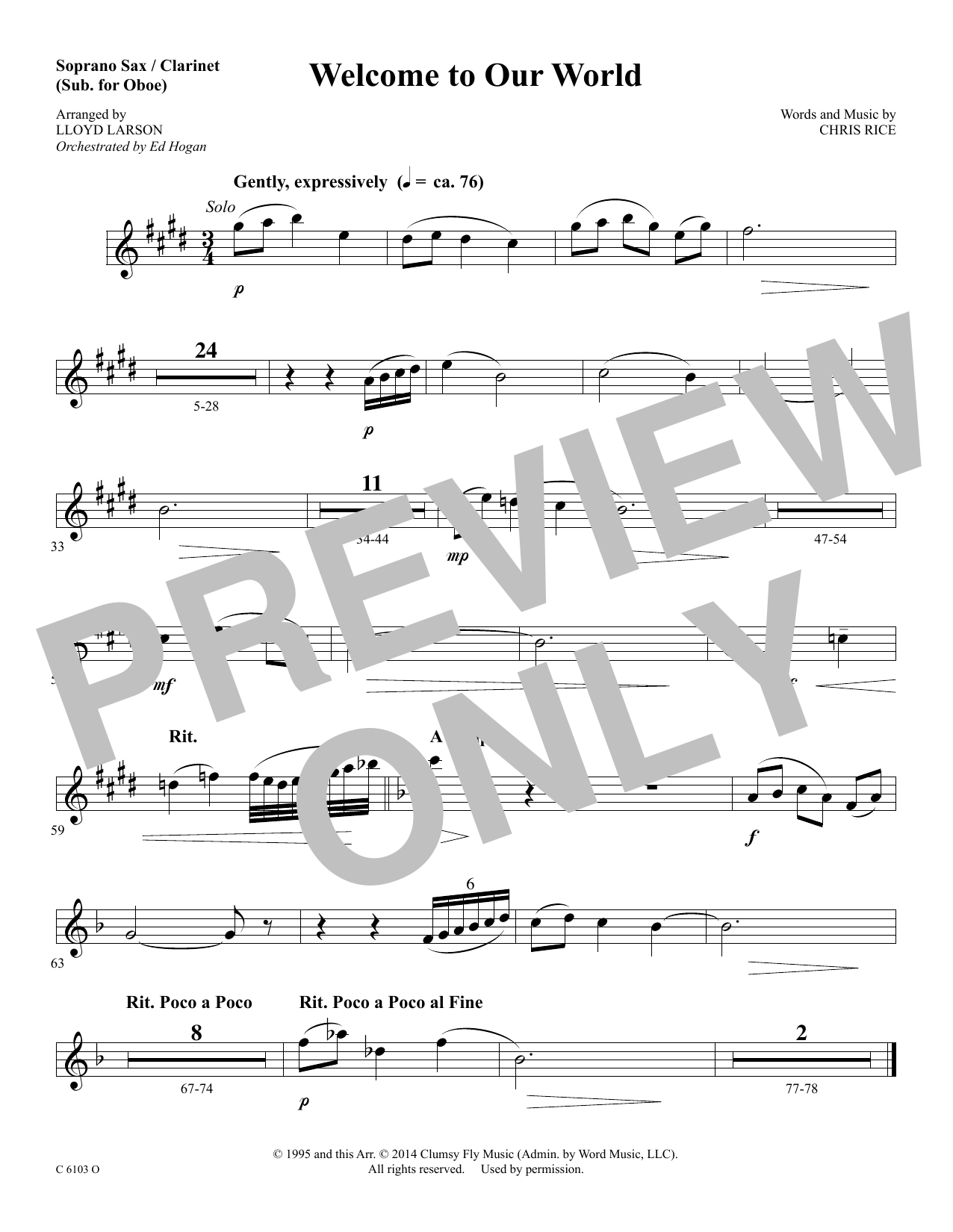 Ed Hogan Welcome to Our World - Soprano Sax/Clarinet(sub oboe) sheet music, chords, lyrics - Printable PDF for Choir Instrumental Pak